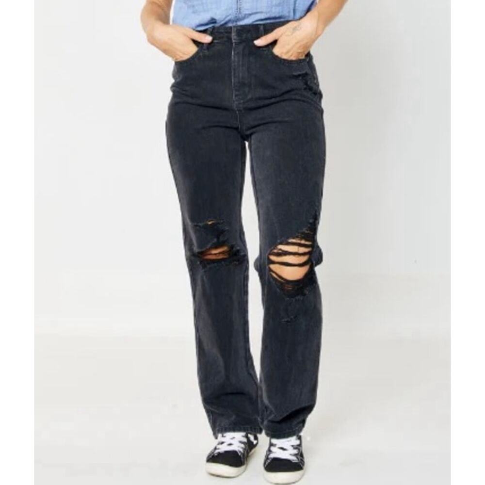 Judy Blue 90s Straight Black Jeans High Rise Distressed Stretch Sz 1/25 *EUC